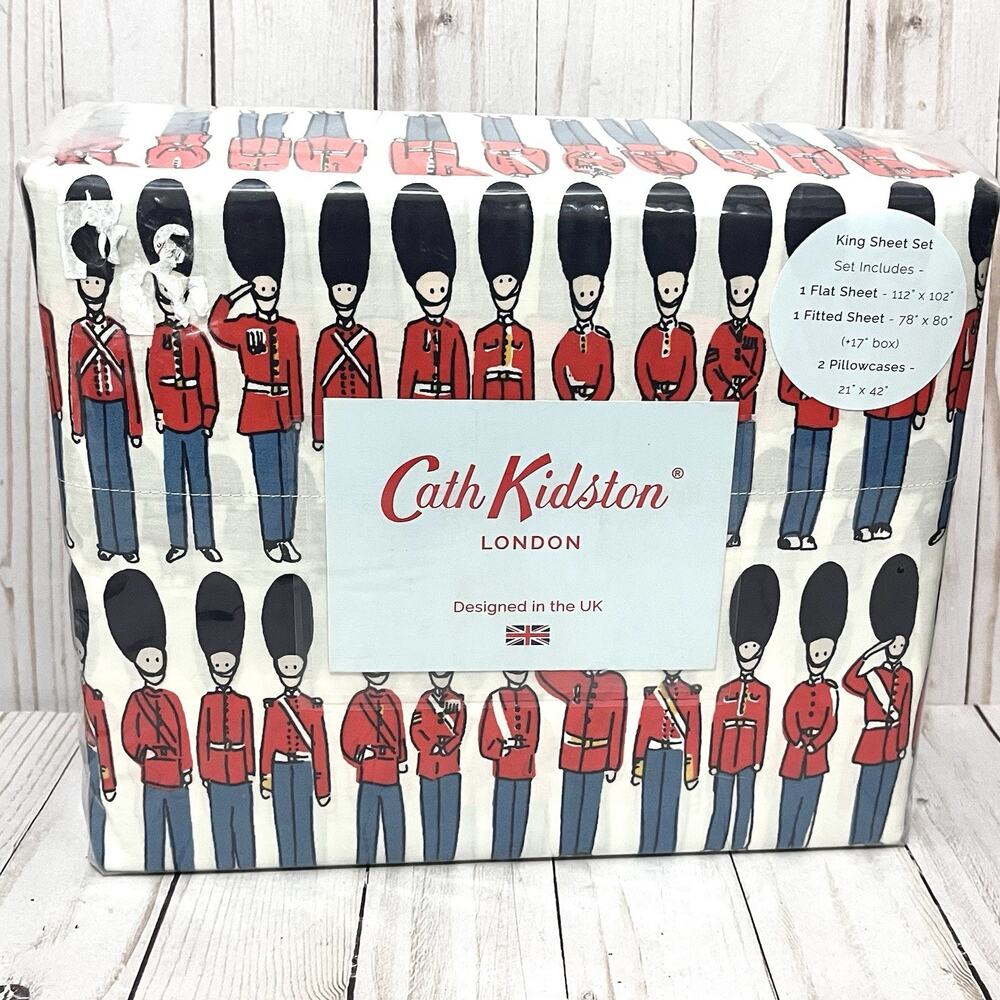 NEW Cath Kidston King Sheet Set 4pc London Guards Print 100% Cotton 200 Thread